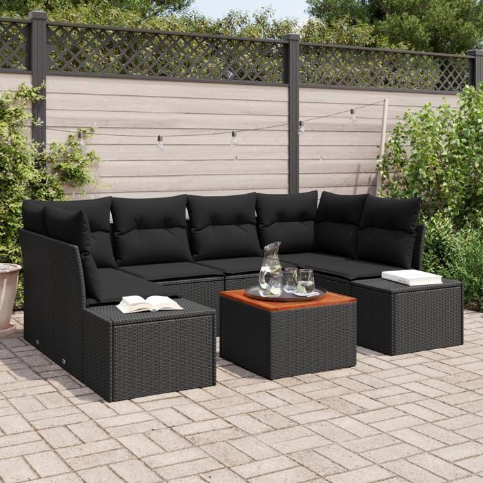 VidaXL Ensemble de Canapé de Jardin 7 Pièces avec Coussins Noir Poly Rattan Acacia 3356581