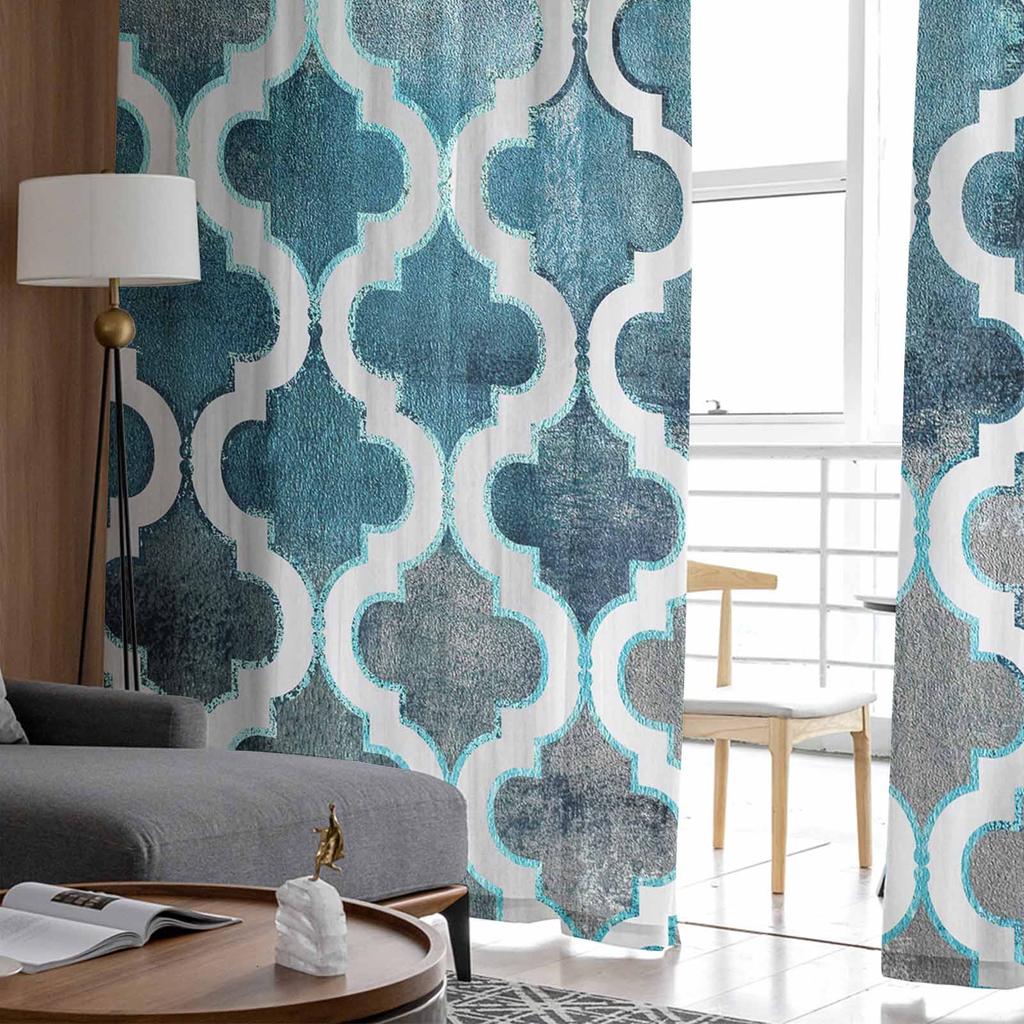 Retro Abstract Paint Mottled Moroccan Blue-Green Window Tulle Curtains for Living Room Hotel Luxury Decoration Sheer Curtains