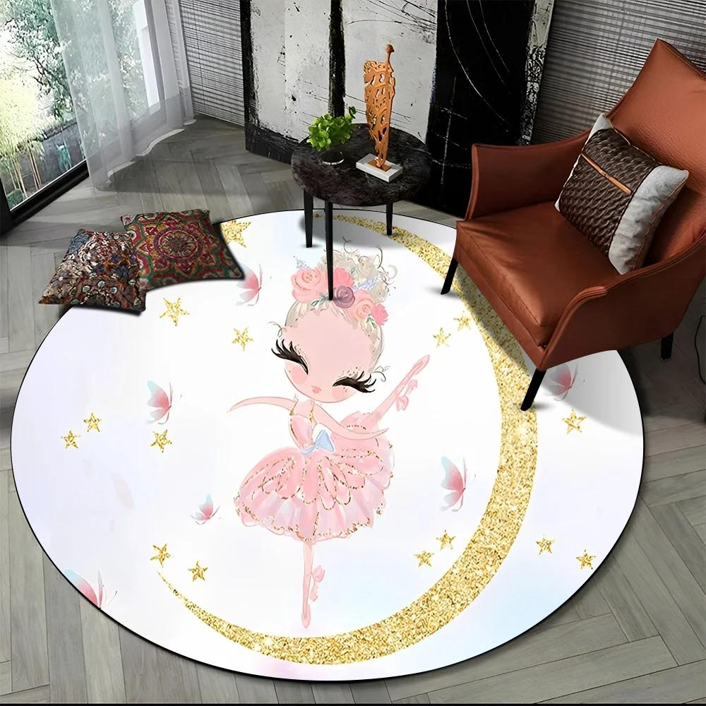 Cartoon Ballet Girl Fairy Ballerina Flower Round Carpet Rug for Living Room Bedroom Child Decor,Pet Area Rug Non-slip Floor Mat