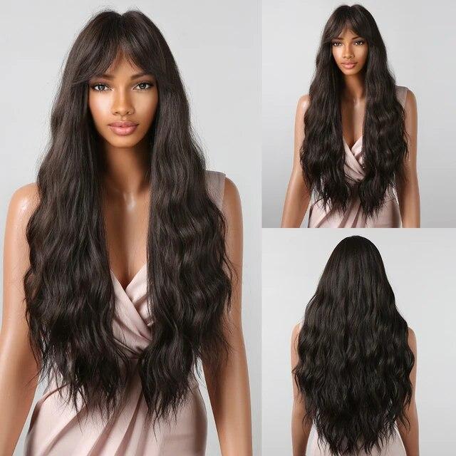 Long Water Wave Synthetic Wigs with Bangs Natural Ginger Brown Loose Curly Wavy Wig for Black White Women Heat Resistant Daily