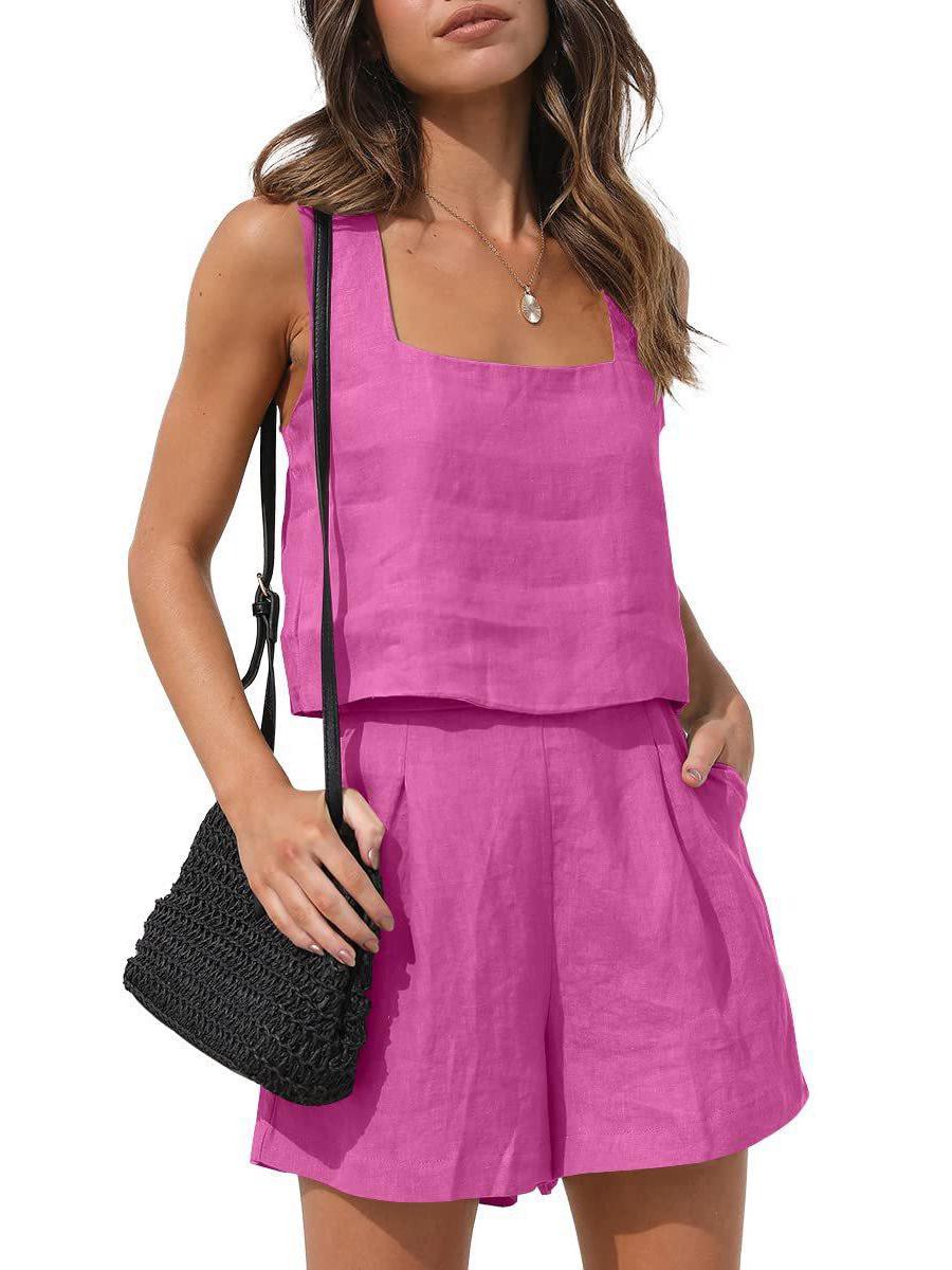 

Женский комплект из льна 2024 года в европейском и американском стиле: Топ без рукавов и повседневные шорты S