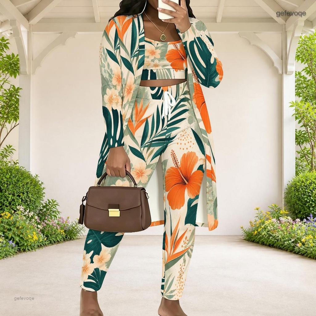 Women Plus Size Tropical Printed Three Piece Set Long Sleeve Open Front Cardigan Strappy Top Long Pants