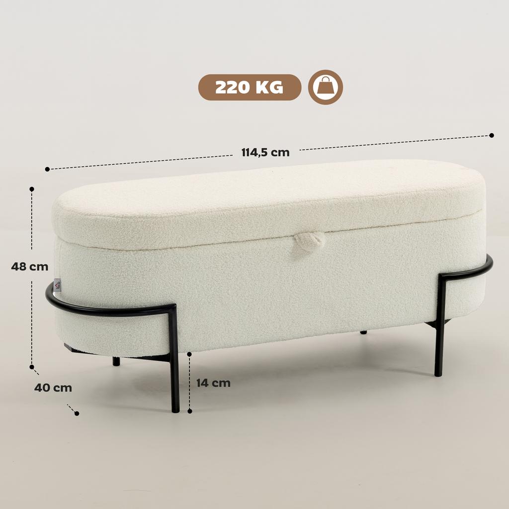 Storage Bench, Boucle Fabric, Lift-Up Lid, Steel Legs, Cream