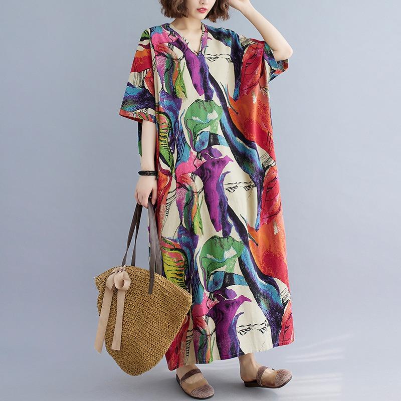 Real Shot Summer New Literary Large Size Loose Printing Cotton and Linen V-neck Short-sleeved Dress Women's Beach Dress