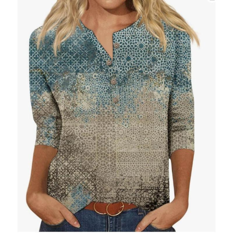 Button V-neck 3D Printed Top Fashionable Casual Long Sleeved Women's T-shirts