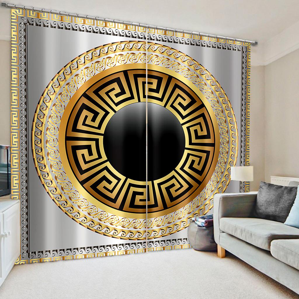 2 Panel Gold Black Curtain Pattern Geometric Curtain for Bedroom Living Room Floor-to-ceiling Window Shutters Blinds Grommet Top