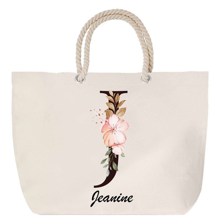 Sac de plage avec anse corde Jeanine Lettre Fleur Cadeau Anniversaire Noël | Grand Sac de Transport & Sport