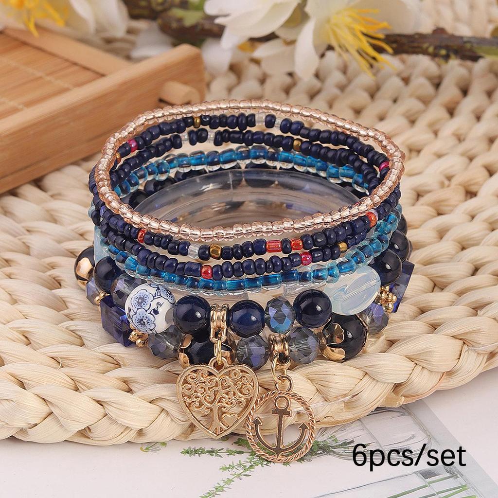 Bohemian Exquisite Beaded Bracelet with Heart, Tree of Life & Anchor Pendants