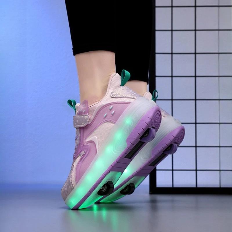 Inline Skate Shoes Pulley Shoes LED Sneaker with 2 Wheels Double Wheel Skate Shoes 2 in 1 Removable Pulley Skate Skating Parkour