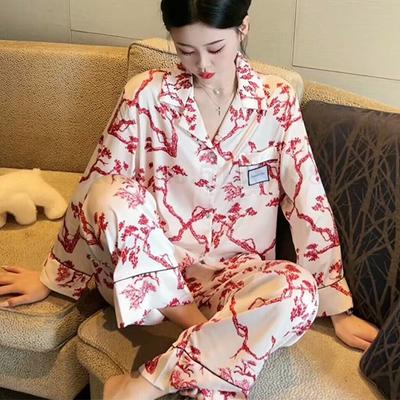 Print Sweet Female Pajamas Set Lounge Wear Spring Summer Satin Sleepwear Trouser Suits Loose Casual Home Clothes Pijamas