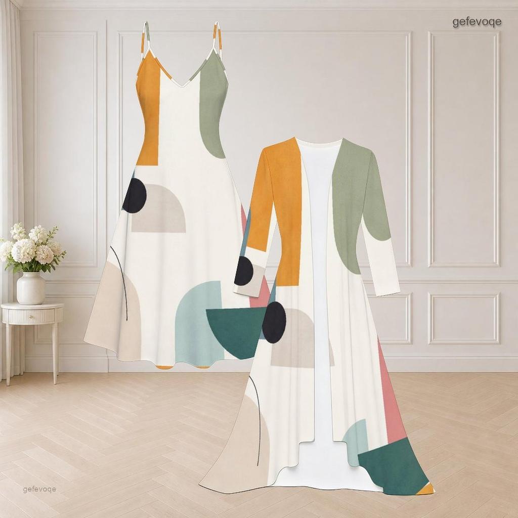 Women Plus Size Two Piece Outfit Printed Strappy Flared Dress And Long Sleeve Open Front Cardigan