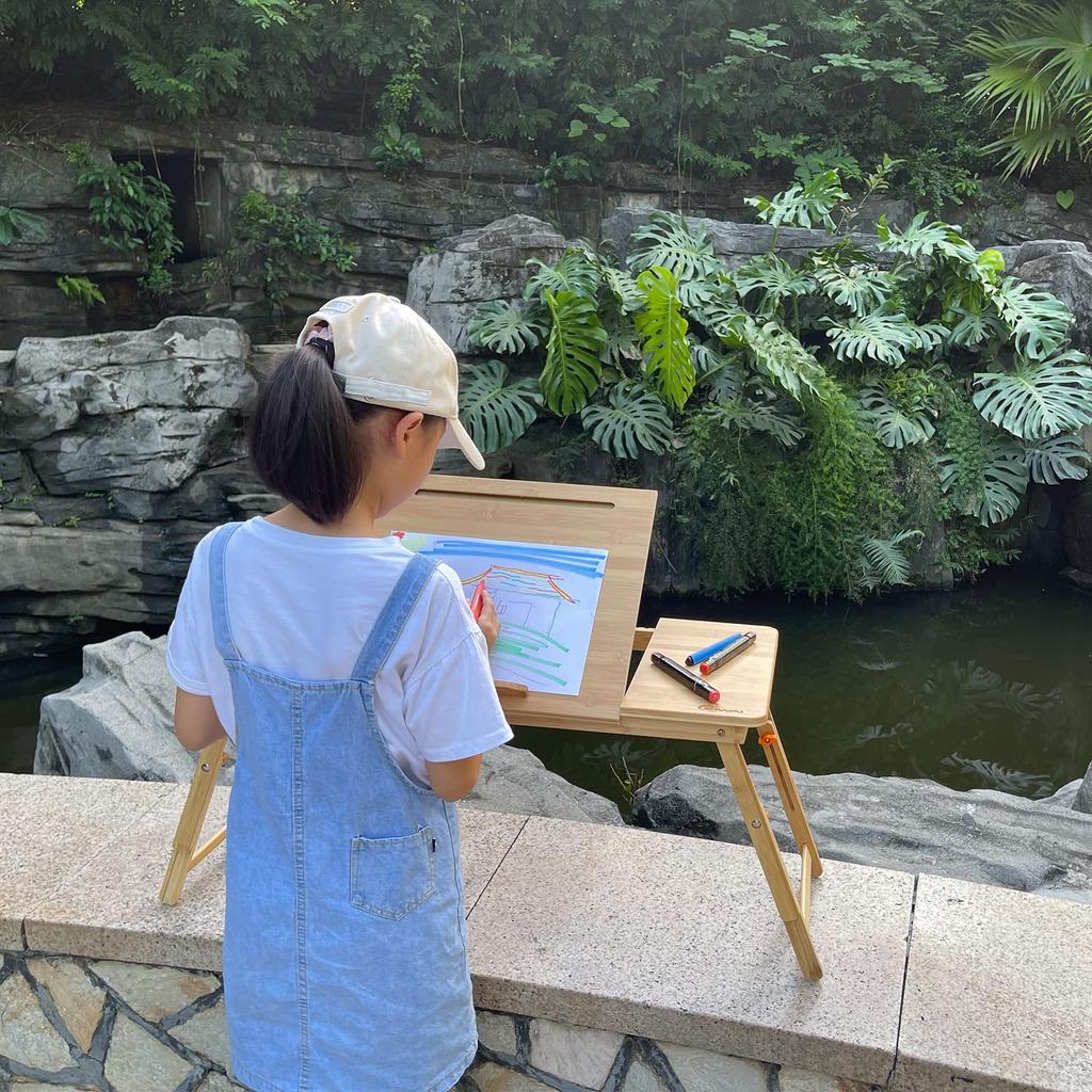 OIWAI Nachttisch Laptop PC Klappbarer Kaffee Höhen- und Winkelverstellbarer Tablet-Schreibtisch mit Bambusplatte, Schreibtisch, Schreibtisch, Klein, Tisch, Holz, Verstellbar, Ständer, Schublade,