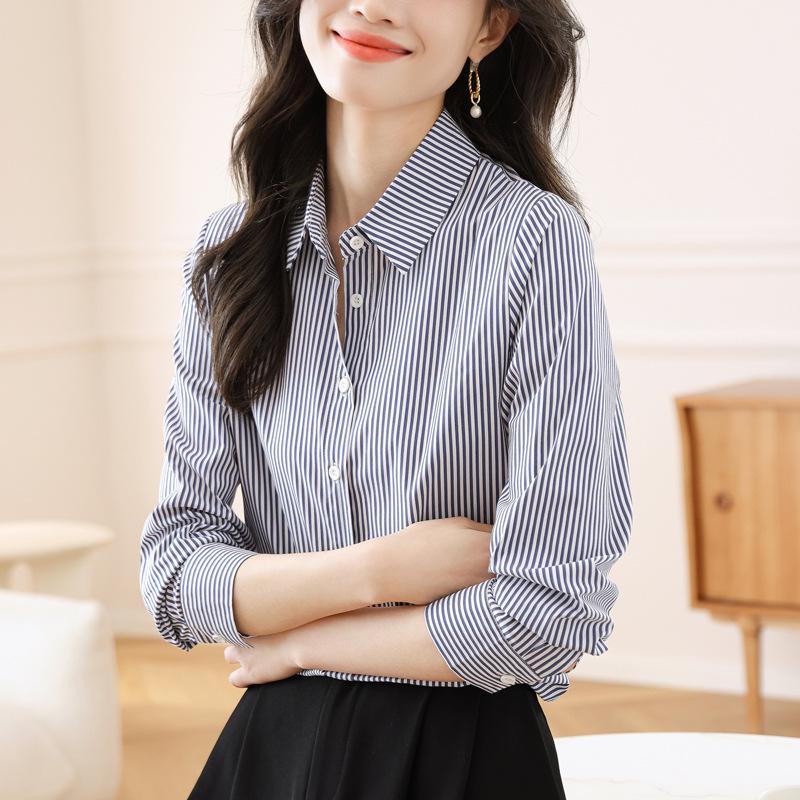 Women's 2025 Autumn Vertical Striped Long Sleeve Shirt - Korean Style Slimming Professional Top