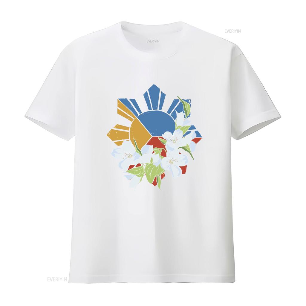 Filipino Flag Sun and Stars Sampaguita T Shirt Crewneck Symbol Philippines  vintage Washed Top For Everyday Wear Stretched