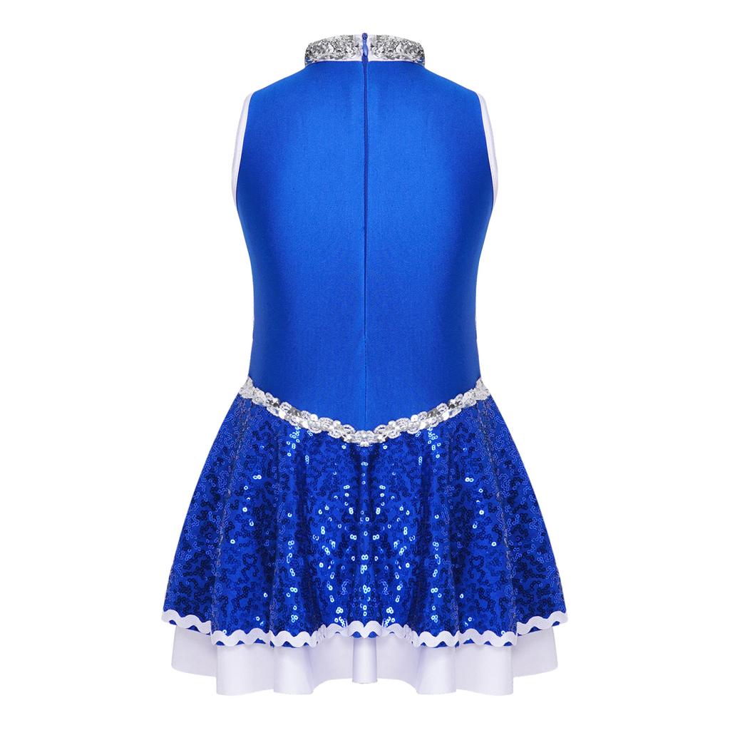 Girls Cheerleading Dress Sleeveless Round Collar Shiny Sequins Patchwork Design with Hidden Back Zipper Dance Costume