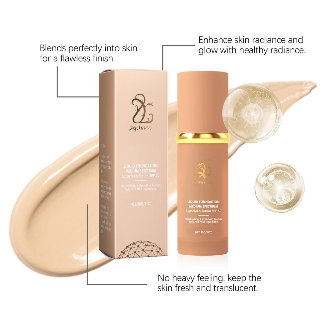 zephoco Liquid Foundation SPF 50 Sunscreen Serum: Medium Spectrum Moisturizing Base Makeup with Aloe & Hyaluronic Acid, 30g