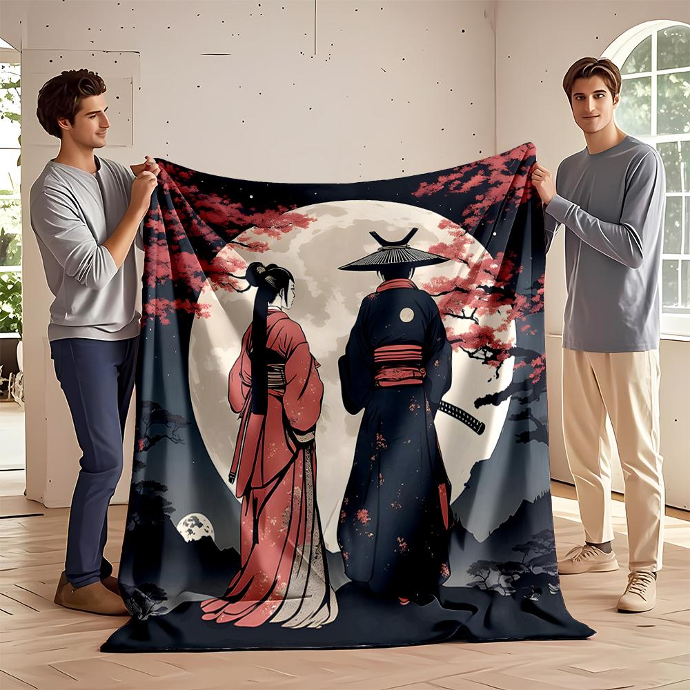 Samurai and Geisha Under Cherry Blossom Moon Flannel blanket for bedroom, living room, sofa, and nap sofas
