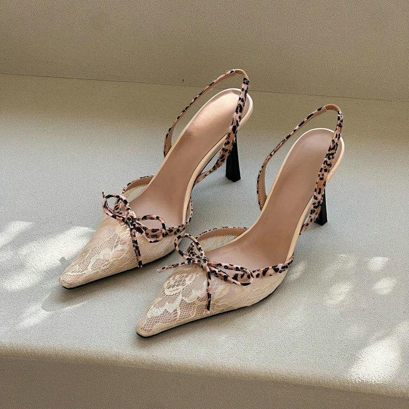 

Fashion Lace Pointed Toe Leopard Print Bow Stiletto High Heels, Women S 2025 New Summer Shallow Sandals 34 абрикосовый