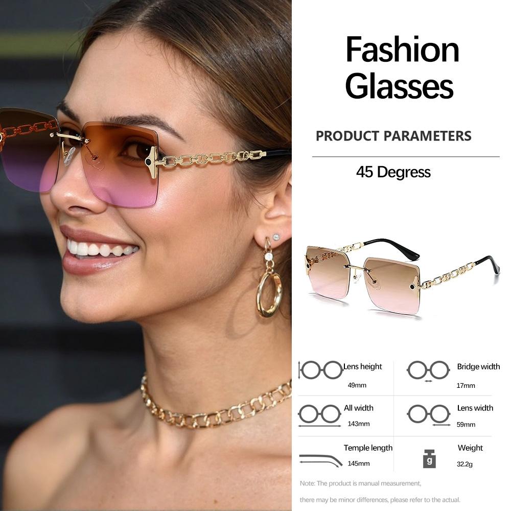 Frameless Chain Decor Square Sunglasses Women Light Transparent Design Daily Commuting Fashion Accessories