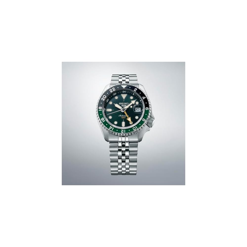 Seiko 5 Sports SBSC019 Men's Mechanical Automatic Watch GMT Function Date Calendar Silver Green Black Stainless Steel