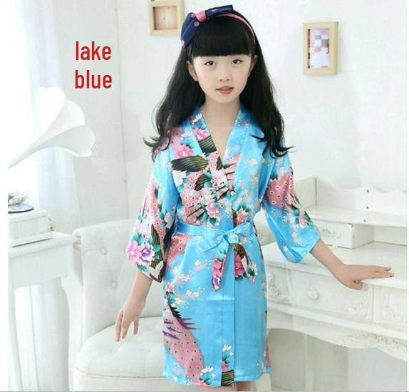 Girls' Silk Peacock Kimono Robe - Children's Nightgown Sleepwear Bathrobe