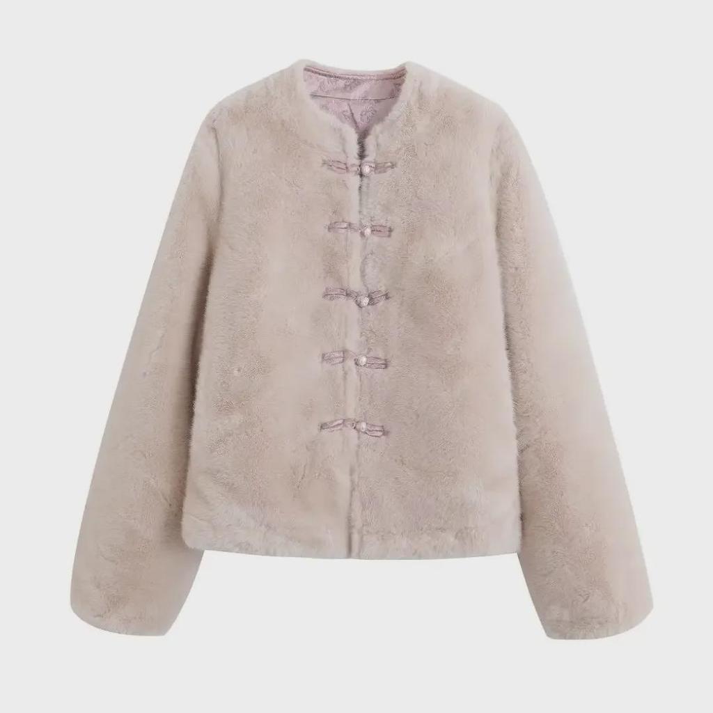 Women's Retro Jacquard Double-Sided Button Fur Coat - Stylish Chinese Autumn/Winter Top