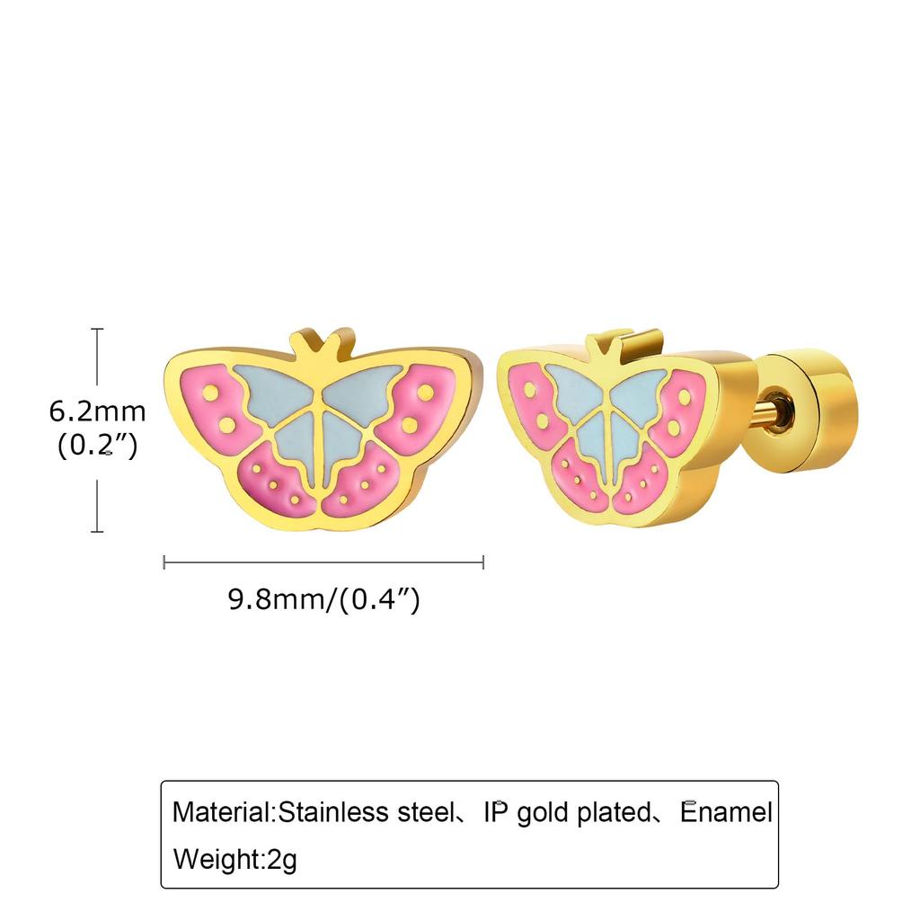 Rockyu Allure Earrings for Butterfly Stainless Pink Birthday Gift Kids, Gold, Design, Steel, Enamel, Cute, Blue, 2g,