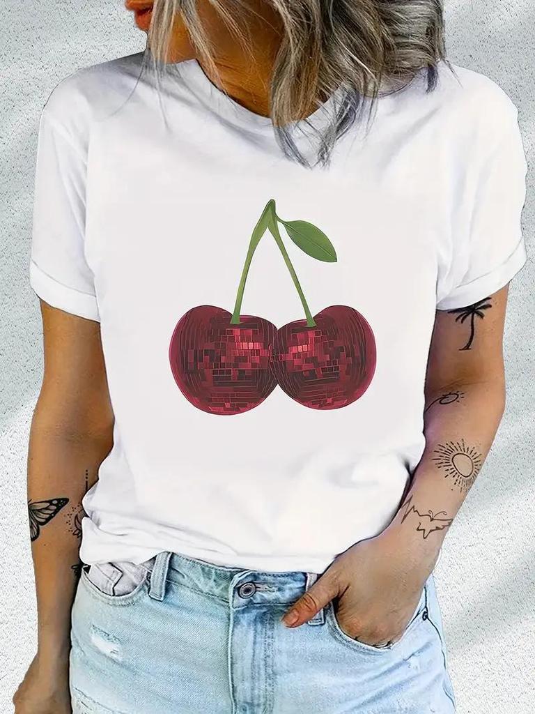 Damen Kirschdruck Kurzarmtop mit kostenlosem Versand - Europäischer & Amerikanischer Stil