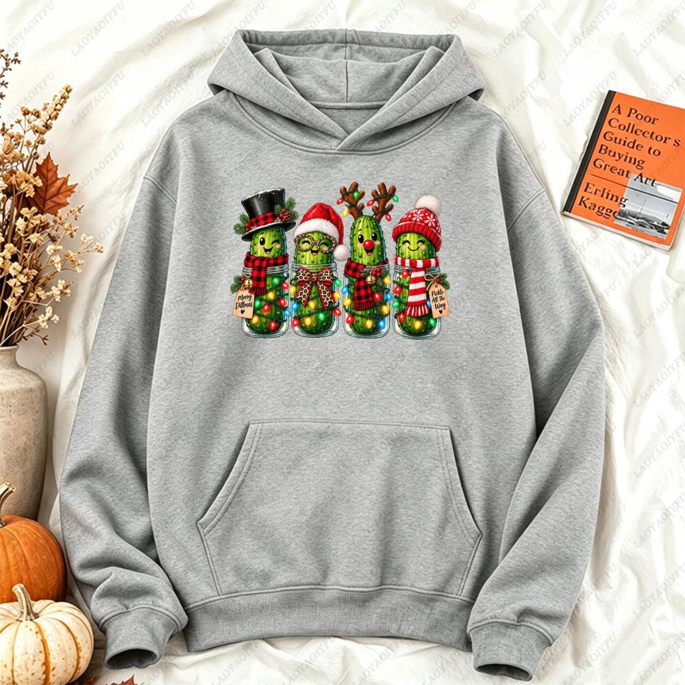 Christmas Pickle Family Funny Pickle Jar Xmas Graphic Hoodie Women Casual Long Sleeve Pullover Humorous Winter Clothes Women