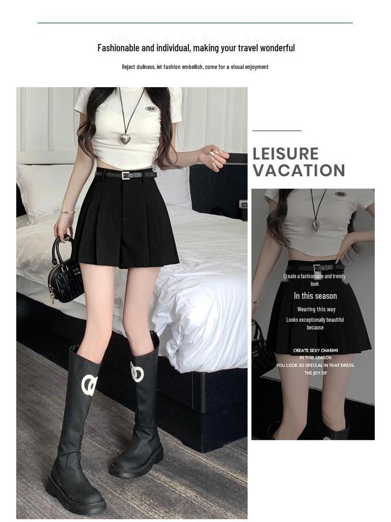 Women's Gray Pleated Shorts Skirt: High-Waist, Slimming, A-line, Wide-Leg Hot Pants for Summer 2025.