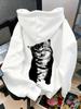 Retro Grainy Cat Portrait Graphic Men Hip Hop Sports Hoodie Loose Long Sleeve Comfort Oversized Hooded Pullover