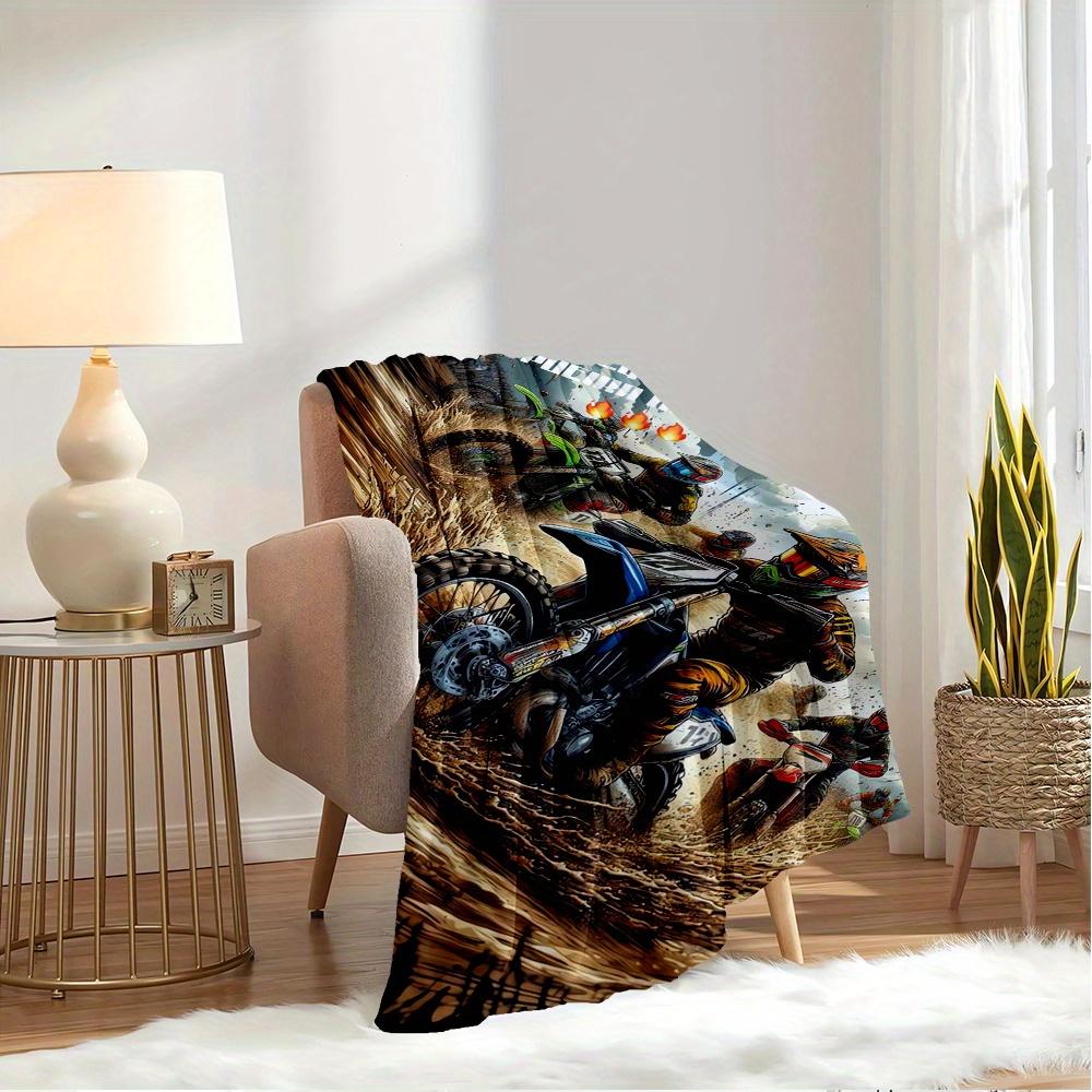 For Motocross,Dirt Track,Extreme Sports-Themed Flannel Blanket, Glam Style, Digital Print, All-Season Comfort, Tear-Resistant, Knitted Craft