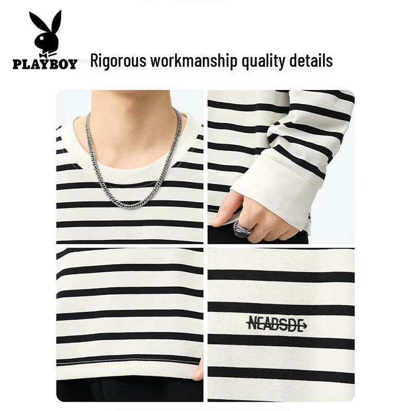 Playboy Men's Casual Striped Long Sleeve Crewneck T-Shirt