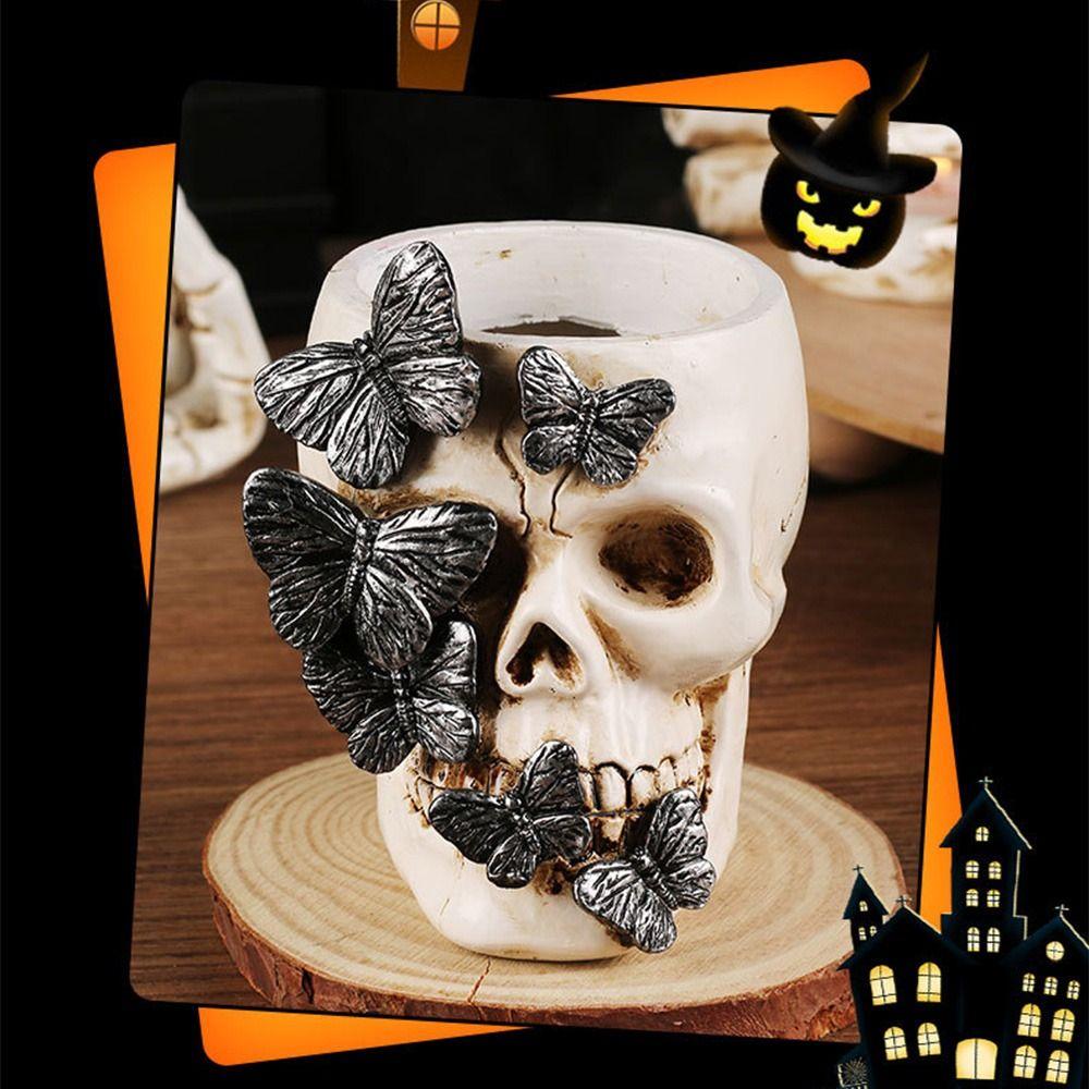 Halloween Decorations Skull Butterfly Pen Holder Craft Skull Candlestick  Home Decor