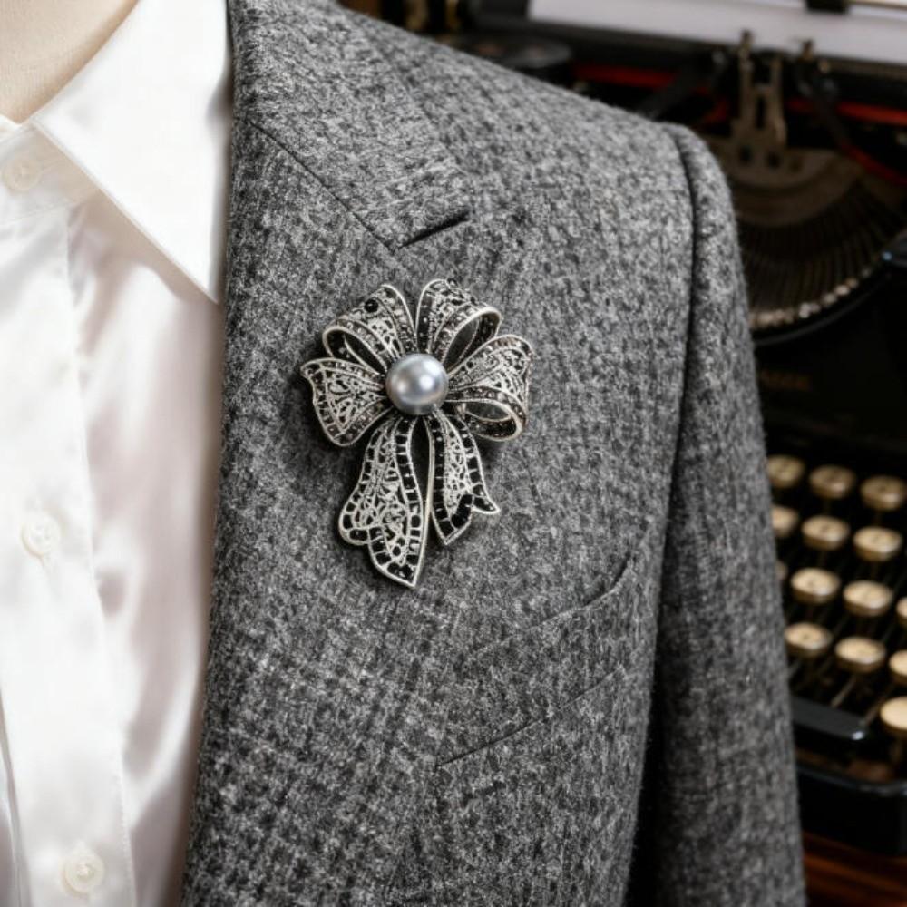 French Style Bow Brooch Corsage Ornament Black Brooch Exquisite Fully-rhinestone Pin  Women