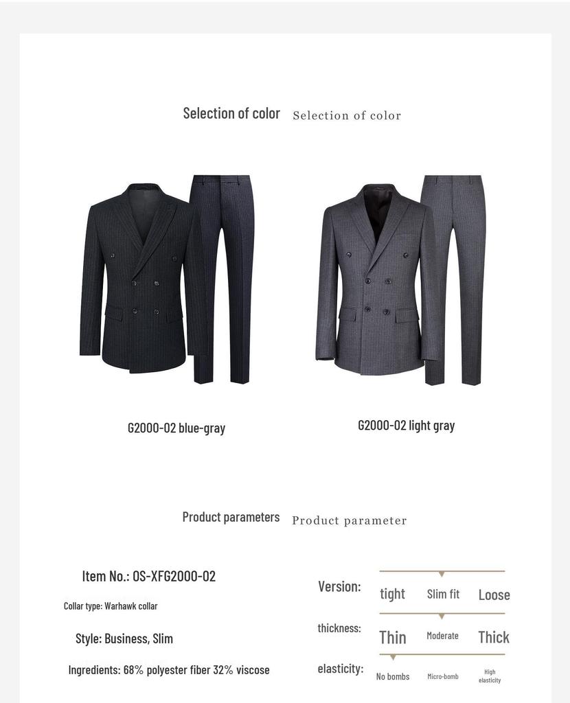 Men's Slim Fit Double-Breasted Gray Striped Suit - British Style Business Casual/Formal Tuxedo for Groom or Wedding.