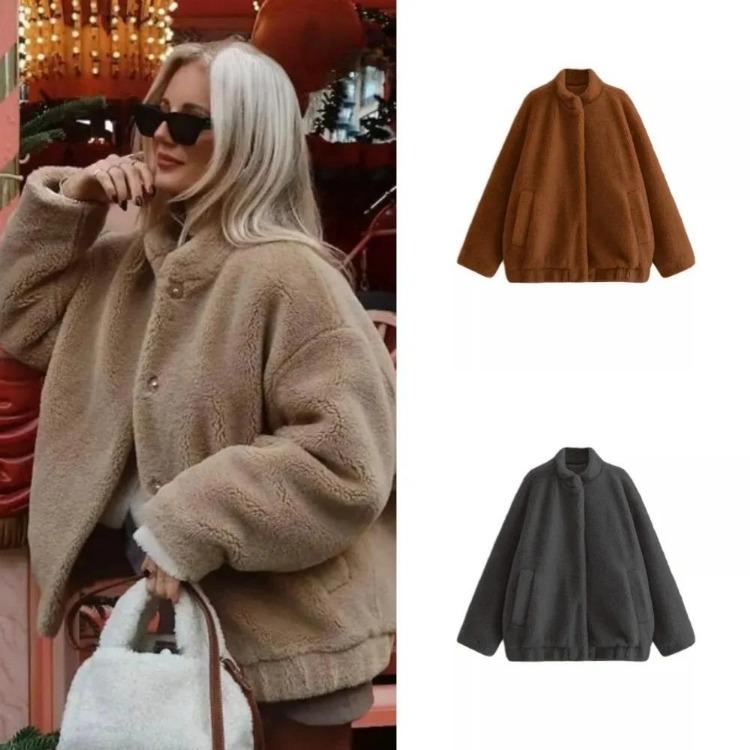 Warm Plush Fleece Bomber Jacket for Women Winter Autumn Stand Collar Coat Long Sleeve with Pockets New Outerwear