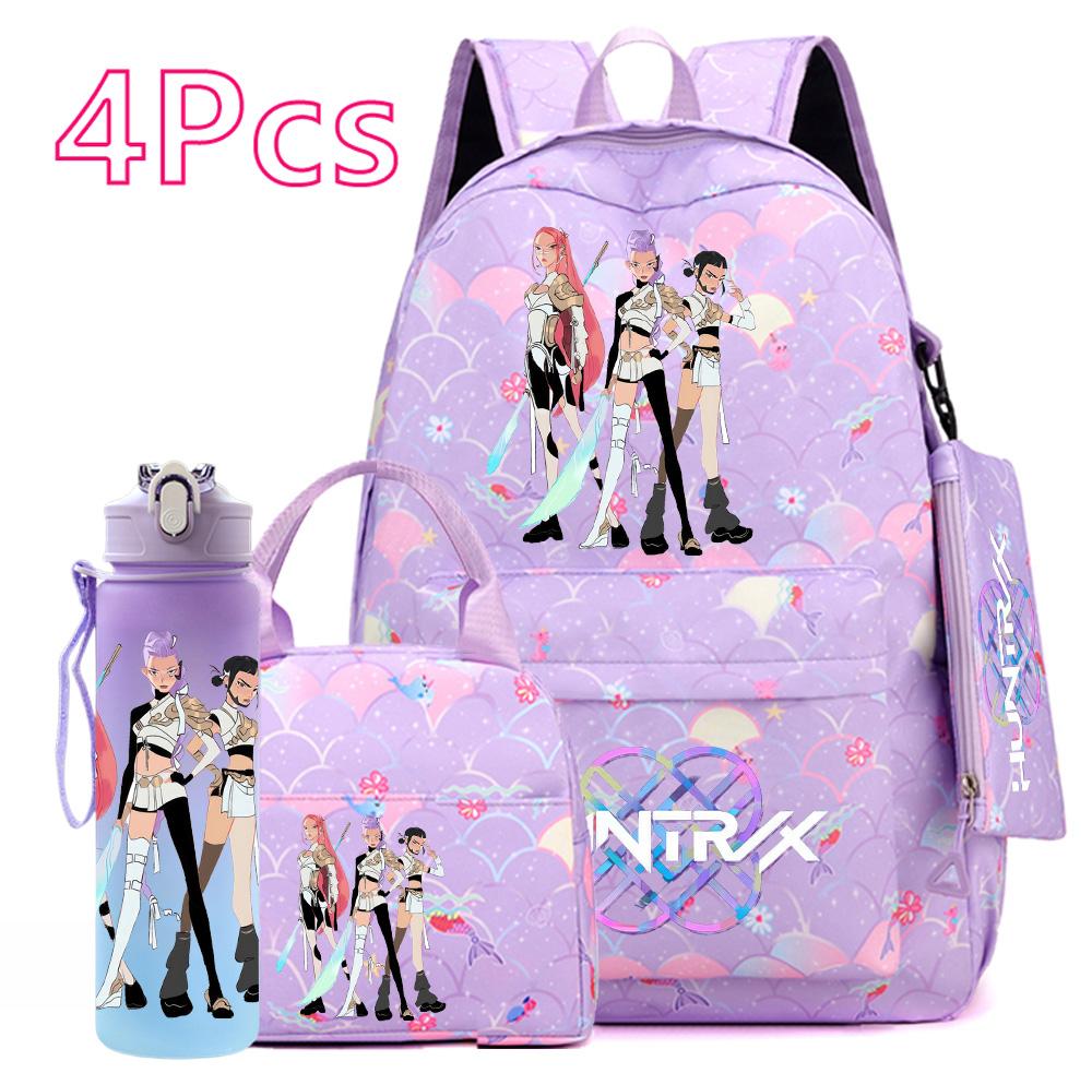 4-teiliges/Set K-POP Bedruckter Rucksack Große Kapazität Schultasche Handtasche Etui Tasche mit 750 ml Wasserflasche Junge Mädchen Schultasche wasserdicht Reisetasche Mochila
