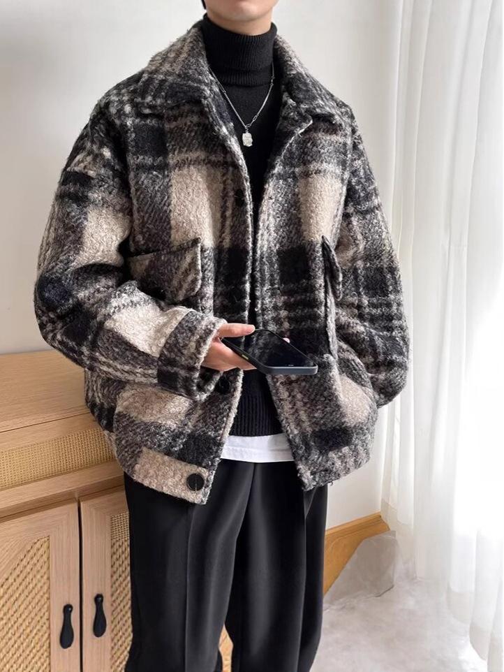 Unisex Retro Plaid Woolen Long-Sleeve Shirt Jacket for Autumn