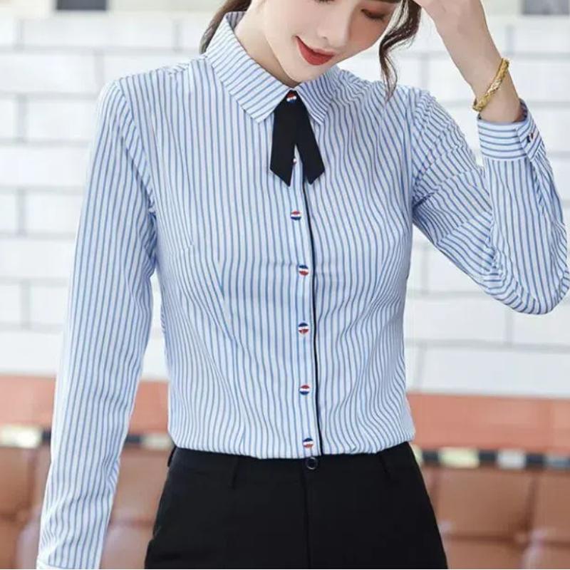 Spring Thin Striped Blouses Women's Commute All-match Polo Collar Loose Solid Color Casual Single-breasted Long Sleeve Shirts