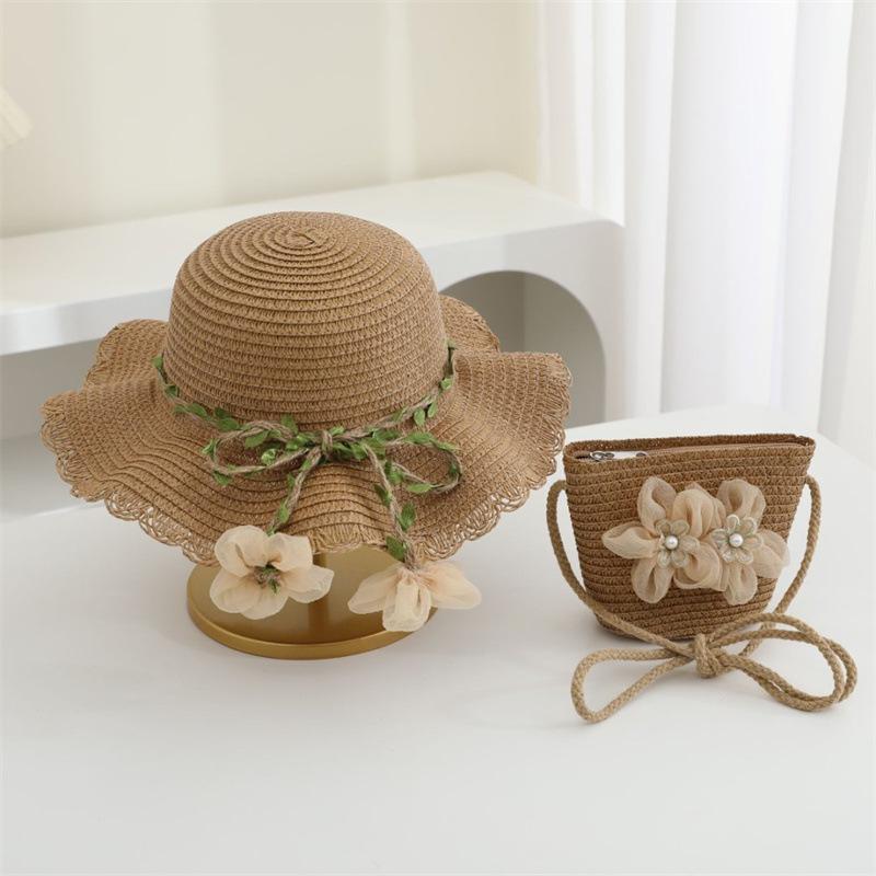 Straw Hat 2pcs Suit Cute and Shoulder Bag Girls Cartoon Bear Children Sun Hat Bag Set Spring Beach Hats For BoyGirl Kid Brim Cap