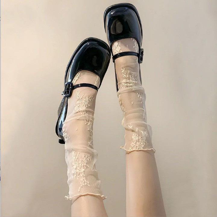 Summer White Mesh Lace Scrunched Women's Mid-Calf Cute JK Crystal Socks