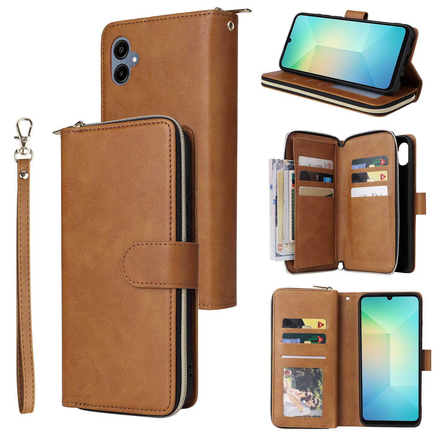

For Samsung Galaxy A06 4G Case Zipper Pocket PU Leather Phone Cover with Hand Strap A