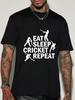 Cricket Lover Unisexs Crew Neck Cotton T Shirt Eat Sleep Cricket Repeat Player Silhouette Print Short Sleeve Sports Casual Top