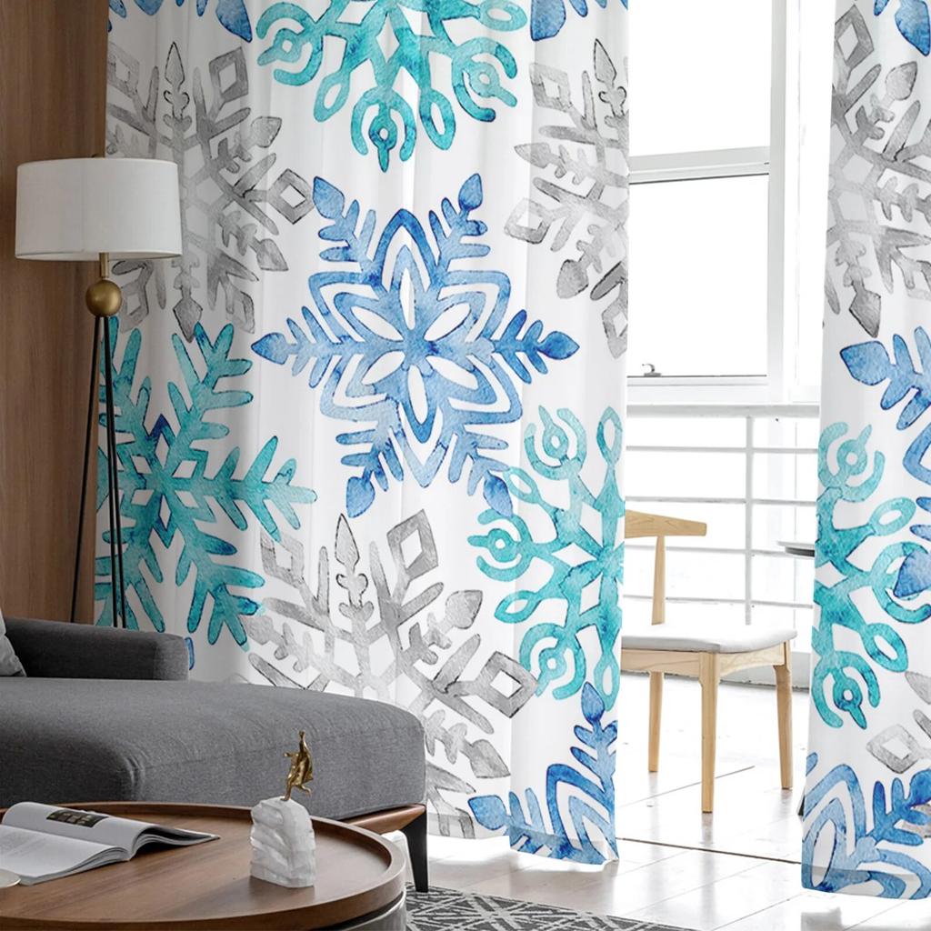 Christmas Blue Green Snowflakes Bedroom Transparent Sheer Curtains Holiday Decoration Window Voile Tulle Curtain