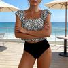 2-teiliges/Set Damen Badeanzug-Set eckiger Ausschnitt Rüschen Kappenärmel gestreifter Druck Oberteile hoch taillierte Badehose Bademode-Set