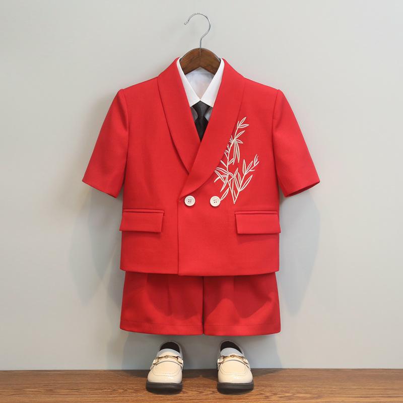 Boys' Chinese Style Summer Suit: Short Sleeve Embroidered Set for Weddings