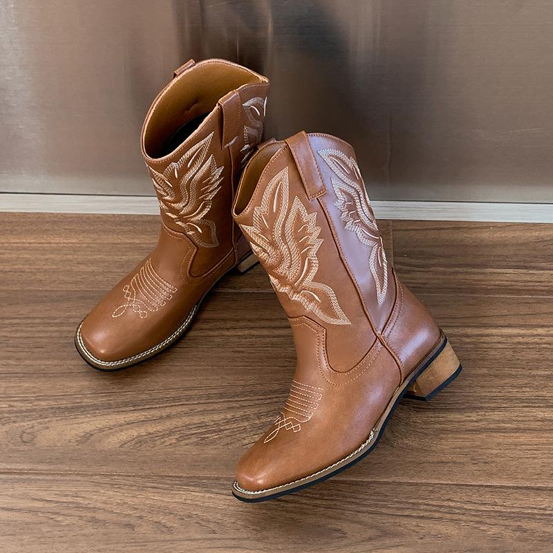 Retro Women Western Cowboy Boots Fashion Mid Calf Knight Boots Classic Embroidered Square Toe Leather Boots for Women Knight Ots