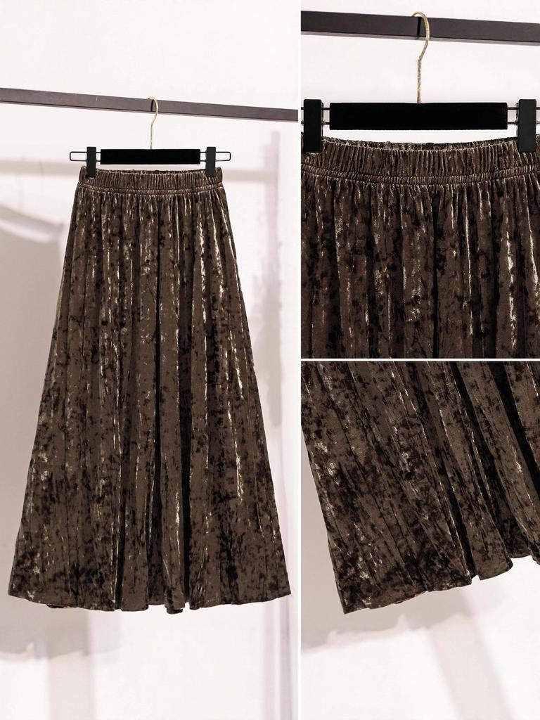 Pleated Velvet A-Line Skirt: Women's Versatile Mid-Length High-Waisted Slimming Style for Autumn and Winter