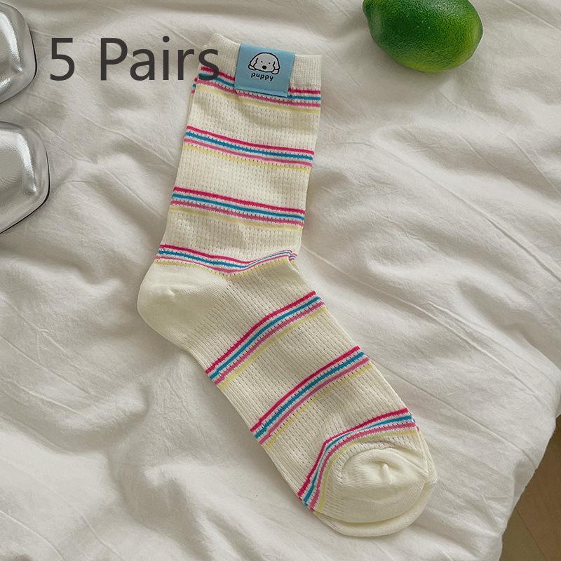 5 Pairs of Women's Summer Thin Lovely Polka Dot Mesh Breathable Tube Socks